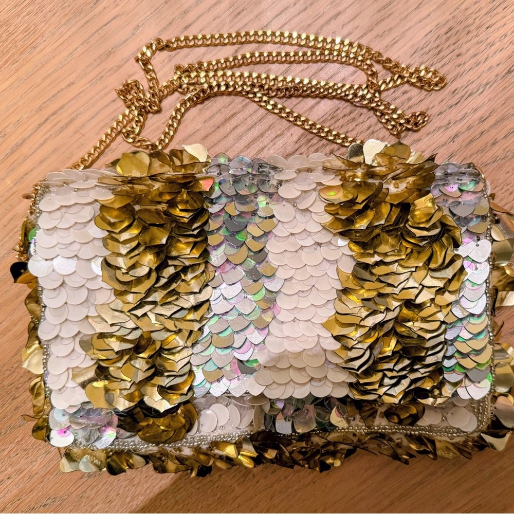 Anthropologie Gold and White Sequin Wristlet